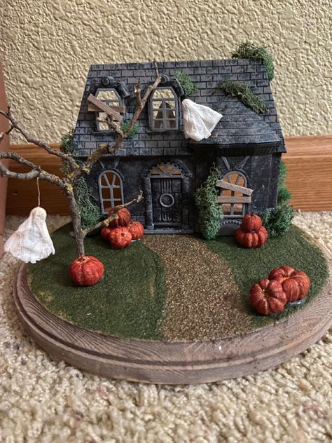 Diy Dollar Tree Spooky House, Haunted House Wood Crafts, Halloween House Village, Haunted Fairy House, Dollar Tree Spooky House, Dollar Tree Halloween Doll House Diy, Clay Haunted Houses, Dollar Store Dollhouse Haunted House, Dollar Tree Halloween House Diy