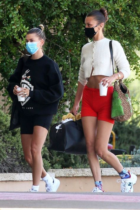 Bella and Hailey Just Landed in Italy in the Coolest Bike-Short Outfits Bike Short Outfits, Cardigan Street Style, Bike Shorts Outfit, Models Outfits, Bella Hadid Outfits, Hadid Style, Hailey Baldwin, Celebrity Street Style, Hailey Bieber