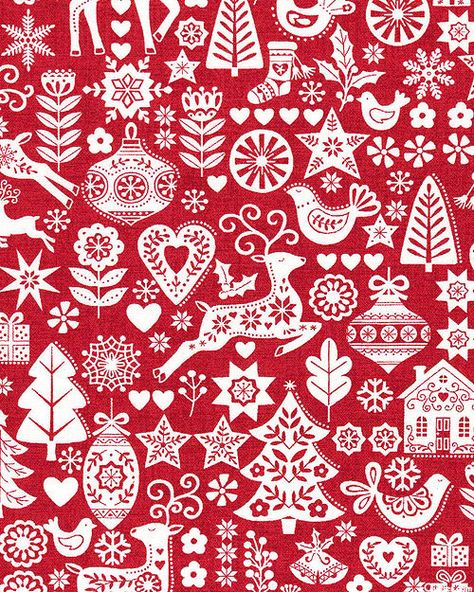 Andover Fabrics Scandi 2023 - Scandinavian Christmas - Cardinal Red Red And White Scandinavian Christmas, Scandinavian Christmas Wallpaper, Scandinavian Christmas Design, Scandinavian Christmas Pattern, Xmas Cards Design, Folk Christmas, German Folk, Christmas Rustic, Christmas Gifts To Make