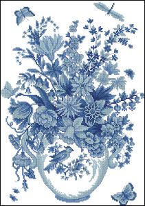 Blue flowers -free cross-stitch pattern | Cross-Stitch Club Large Cross Stitch Patterns, Unique Cross Stitch, Cross Stitch Love, Completed Cross Stitch, Beautiful Cross Stitch, Cross Stitch Patterns Flowers, White Vase, Beaded Cross Stitch, Embroidery Patterns Free