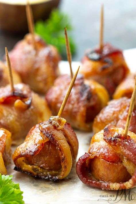 Bacon Wrapped Sausage Bites are a game day, party must-have, or easy meal prep meal that’s packed with protein and flavor. Sweet Bacon, Bacon Wrapped Water Chestnuts, Bacon Wrapped Sausages, Sausage Bites, Sausage Appetizers, Sausage Wrap, Game Day Party, Food On Sticks, Bacon Sausage