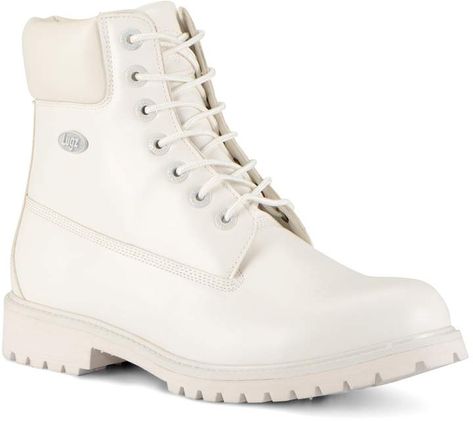 White Leather Lace-up Boots For Streetwear, Long White Combat Boots, Functional White Lace-up Hiking Boots, White Lace-up Leather Hiking Boots, Lugz Boots, White Ankle-high Lace-up Boots With Lug Sole, Men In Heels, White Boots, Mens Shoes Boots