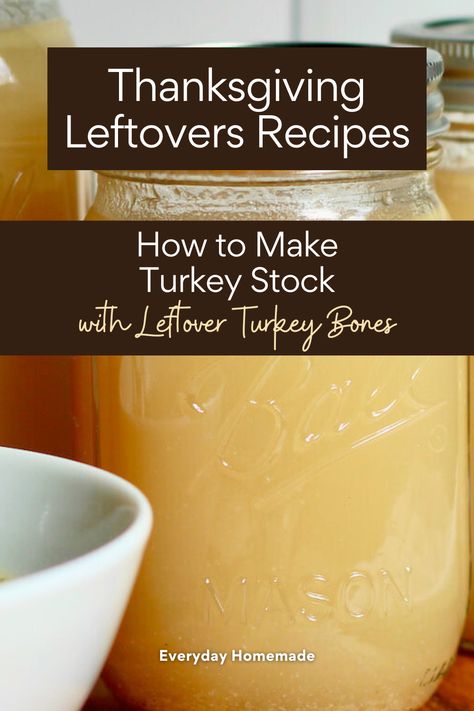 Turn your Thanksgiving leftovers into homemade turkey stock with this easy stovetop recipe! Using the turkey carcass, you'll learn how to make a rich and flavorful bone broth perfect for soup, gravy, or pot pie. Made on the stovetop, this homemade stock is a great way to use up every last bit of your turkey and elevate your dishes. A simple, delicious way to make the most of your leftovers and create a freezer-friendly base for future meals! Turkey Stock Uses, Turkey Bone Broth Recipe Stove Top, Canning Turkey Stock, Turkey Carcass Broth, How To Make Bone Broth From Turkey Bones, Bone Broth Turkey, Turkey Carcass Stock, Turkey Bone Broth Recipe, Homemade Thanksgiving Recipes