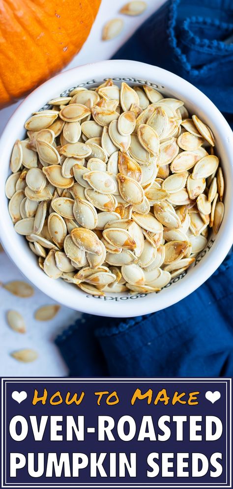 Never throw away raw pumpkin seeds again!  Roasted Pumpkin Seeds are so easy to make from fresh pumpkins using only a few simple ingredients.  Learn a few tricks to easily separate the seeds, bake them in the oven, and add your favorite spicy, savory, or sweet seasonings.  They're bursting with tons of health benefits and will add a delightful and nutty crunch to a number of Fall recipes. #pumpkin #seeds #snack #whole30 Oven Pumpkin Seeds, Cooking Pumpkin Seeds In The Oven, Pumpkin Seeds Salted, Pumpkin Seeds Recipe Oven, Baking Pumpkin Seeds In Oven, Oven Baked Pumpkin Seeds, Fresh Pumpkin Seed Recipes, How To Cook Pumpkin Seeds In Oven, How To Bake Pumpkin Seeds In Oven