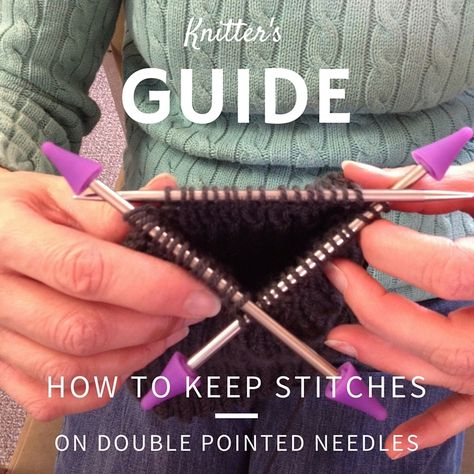 Point protectors corral even slippery stitches. The image above is of NobleKnits Yarngirl, Lee, with her first double pointed needle project.  She said it was easy! Double Pointed Knitting Needle Patterns, How To Knit With Double Pointed Needles, What Size Knitting Needles To Use, How To Cast On Circular Knitting Needles, Double Pointed Knitting Needle Storage, Knit Techniques, Double Pointed Knitting Needles, Knitting Help, Knitting Tutorials