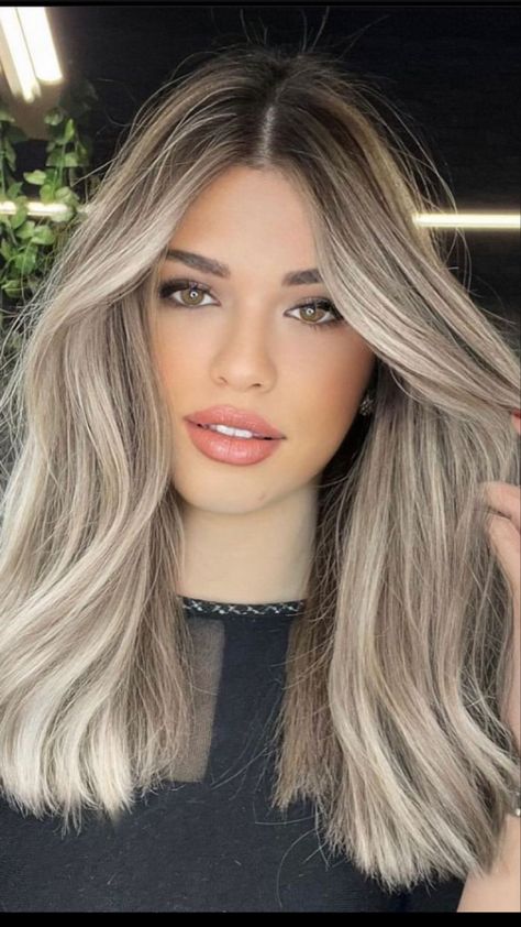 Platinum Blonde Makeup, Cold Tone Blonde Hair, White Blonde Balayage On Brown Hair, Slate Hair Color, Olive Skin Blonde Hair Brown Eyes, Cold Balayage, Bronde Lob, Beige Blonde Hair, Tan Skin Blonde Hair