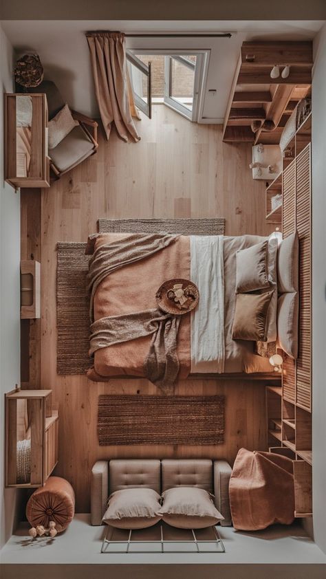 Earthy Wardrobe Design, Cozy Minimalist Aesthetic, Hand Carved Headboard, Natural Wood Accents, Carved Headboard, Layered Bedding, Fall Bedroom Ideas, Plush Bed, Warm Bedroom