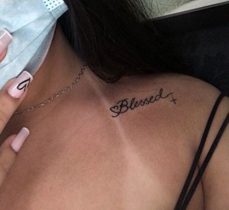 Chest Tats Women, Chest Tattoos For Black Women, Chest Tattoo Black Woman, Blessed Chest Tattoo, Blessed Tattoo On Chest, Girly Chest Tattoos, Tattoos On Chest For Women, Small Chest Tattoos For Women, Blessed Tattoo For Women