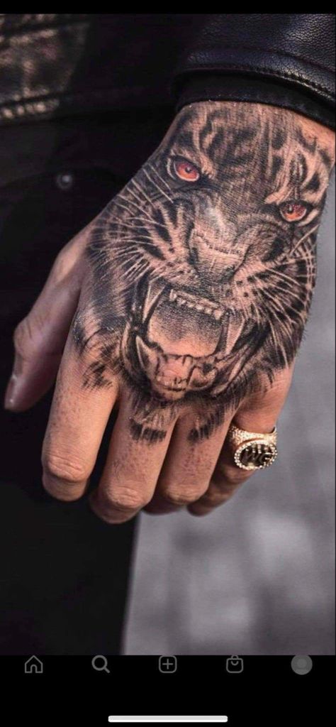 Wild Cats Tattoo, Hand Tattoos Animals, Cheetah Hand Tattoo, Animal Hand Tattoos For Guys, Jaguar Hand Tattoo, Wolf Hand Tattoo Men, Tiger Tattoos Men, Panther Hand Tattoo, Hand Lion Tattoo