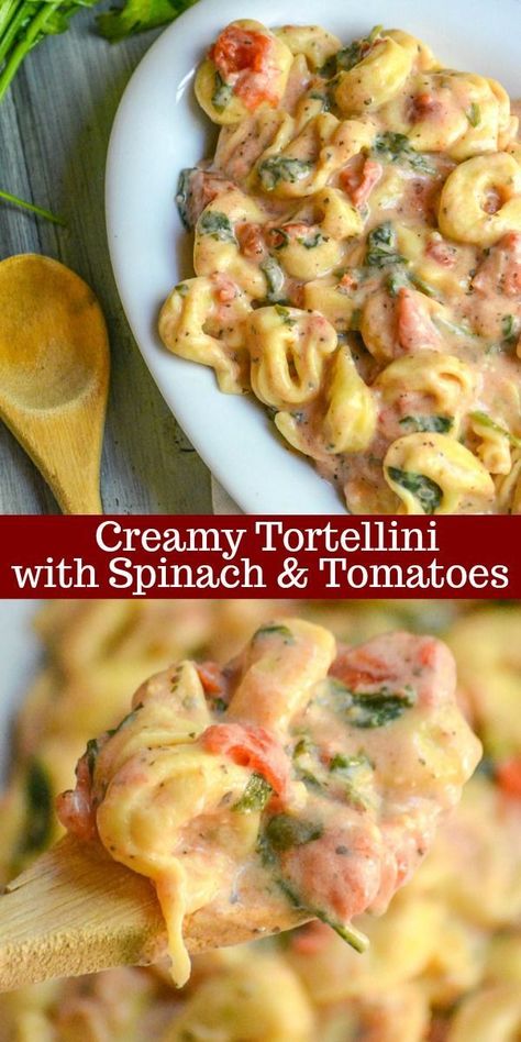 Creamy Tortellini With Spinach, Tortellini With Spinach, Creamy Tortellini, Resep Pasta, Tortellini Recipes, Diner Recept, Fettuccine Alfredo, God Mat, Tomato Recipes