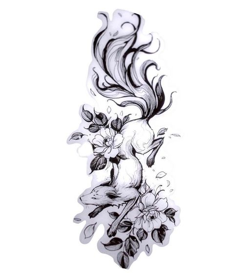 Kitsune Leg Tattoo, Kitsune Hip Tattoo, Wolf Spine Tattoos For Women, Fox Spine Tattoo, Fox Leg Tattoo, Floral Fox Tattoo, Black And White Fox Tattoo, Ninetail Fox Tattoo, Fox Tattoo For Women