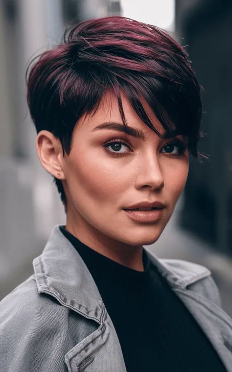 26 Fabulous Hair Color Ideas for Short Dark Hair Black Pixie With Highlights, Fall Hair Color For Pixie Haircut, Short Dark Pixie Hairstyles, Pixie Brunette Hair With Highlights, Fall Pixie Cut And Color, Short Black Hair With Blonde Highlights, Pixie Highlights Brunette, Dark Pixie Haircut, Fall Hair Color Short Hair