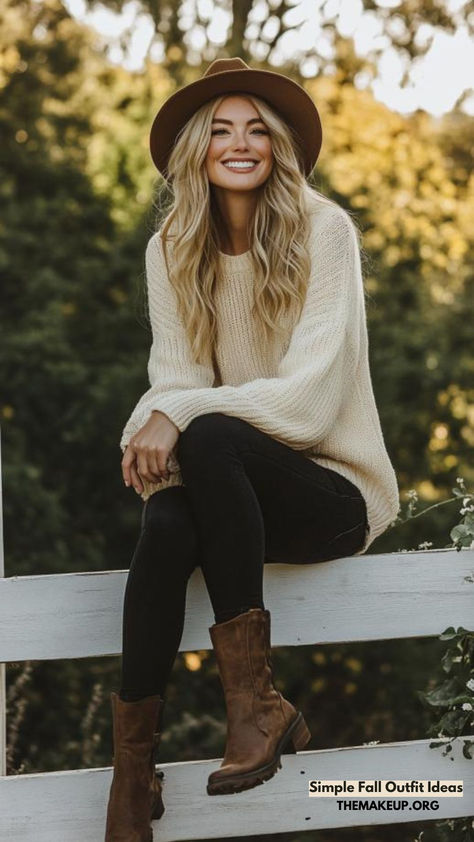 Simple Fall Outfit Ideas: Cozy & Chic Autumn Look Winter Barbecue Outfit, Brown Hair Fashion Outfit, Winter Outfit Sweater, Womens Fall Outfits For Pictures, Black Outfit Brown Boots, Casual Thanksgiving Outfit, Farm Chic Outfit, Outfits For Fall Pictures, Fall Boots 2024