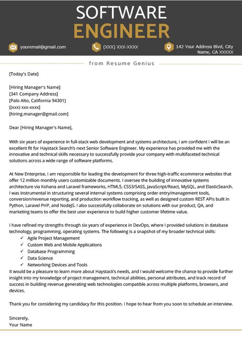 Software Engineer Cover Letter Example & Writing Tips | Resume Genius Software Engineer Resume, Cover Letter Example Templates, Job Preparation, Cover Letter Format, Cv Writing, Engineer Resume, Best Cover Letter, Cover Letter Template Free, Free Cover Letter