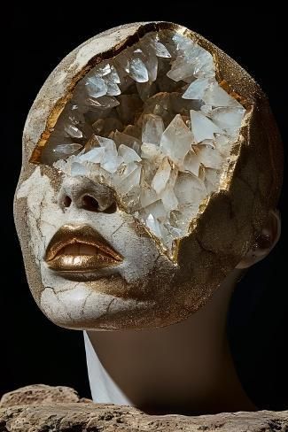 size: 12x8in Photographic Print: Geode Portrait 1 by Bilge Paksoylu : Crystal On Face, Geode Drawing, Cool Reference Photos, Crystal Character Design, Geode Aesthetic, Geode Sculpture, Illusional Art, Aging Art, Gems Aesthetic