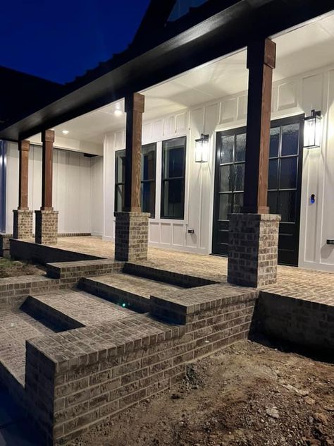 Brick around pillars and steps Brick Patio Columns, Brick Columns Porch, Brick Pillars Porch, Brick Pillars, Brick Porch, Wood Column, Brick Columns, Pillar Design, Porch Columns