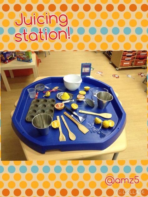 Juicing station - could set one up with oranges, juicer, cups for children to make their own juice. Eyfs Cooking Activities, Handas Surprise, Juicing Ideas, Investigation Area, Tuff Spot, Eyfs Activities, Nursery Activities, How To Make Smoothies, Tuff Tray