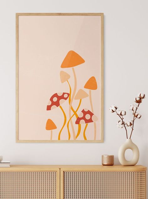 Groovy Paintings Ideas, Mushroom Art Hippie, Retro Canvas Painting, Mushroom Artwork, Retro Art Style, Groovy Wall Art, Groovy Poster, Mushroom Wall Art, 70s Wall Art