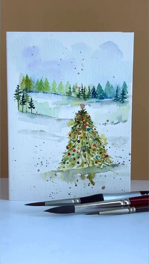 Paint Pine Trees, Paint A Christmas Tree, Watercolor Christmas Cards Diy, Basic Watercolor, Paintings Tutorials, Watercolor Christmas Tree, Easy Drawing Tutorial, Diy Watercolor Painting, Christmas Card Art