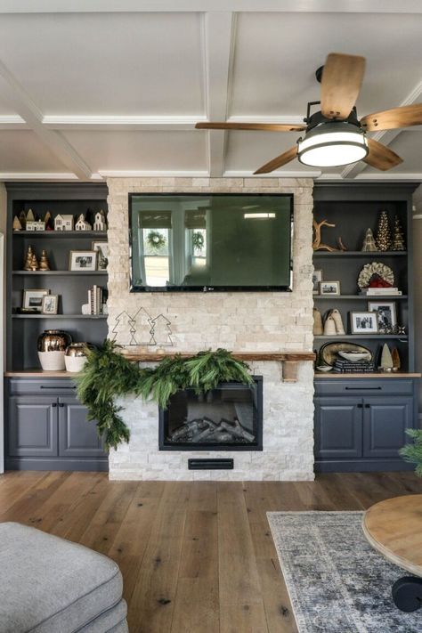 35 Fireplace With Built Ins On Both Sides Ideas For Decor Fireplace With Cabinets, Built In Cabinets Living Room, Brick Fireplace Wall, Fireplace Bookcase, Fireplace Accent Walls, Office With Fireplace, Fireplace Feature Wall, Fireplace Bookshelves, Living Room Fireplace