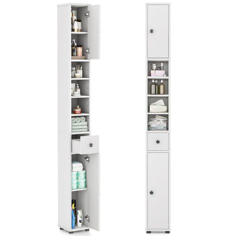 PRICES MAY VARY. Perfect Space Saver for Small Rooms: This tall and slim storage organizer utilizes every inch in your room to create additional storage space while eating up a small floor area. It will be a perfect addition to any corner in your room. Product dimension: 8" x 8" x 71" (L x W x H). Ample Storage Space: This freestanding floor cabinet is equipped with 2 storage cabinets, 4 storage compartments and 1 drawer to offer roomy storage space for various items, such as cosmetics, makeup t Extra Small Bathroom Storage Ideas, Space Beside Bathroom Vanity, Small Cabinets For Bedroom, Small Bathroom Ideas Makeup Storage, Small Bathroom Cupboard Organization, Space Saver Bathroom Ideas, Built In Toilet Storage, Narrow Space Storage, Around Toilet Storage