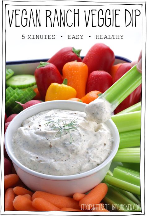 This vegan ranch veggie dip recipe is healthy, easy, and takes just 5 minutes to make! Creamy, tangy, and irresistibly delicious, with this dip, you will want to snack on veggies all the time. (I sure do)! We make this dip weekly in our house, it's perfect for a quick snack, as an appetizer for parties, and it can also be used as a salad dressing and a sandwich spread. #itdoesnttastelikechicken #veganrecipe Ranch Veggie Dip Recipe, Ranch Veggie Dip, Vegan Ranch Dip, Vegan Dip Recipes, Veggie Dip Recipe, Cheese Sauces, Vegan Dips, Delicious Dips, Vegan Party