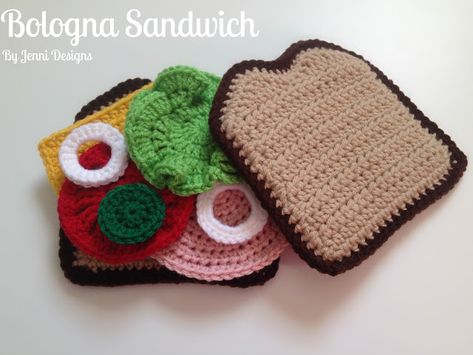 By Jenni Designs: Free Crochet Pattern: Bologna Sandwich Play Set Bologna Sandwich, Diy Bebe, Crochet Food, Pattern Play, Play Set, Crochet For Kids, Crochet Gifts, Crochet Patterns Amigurumi, Crochet Dolls