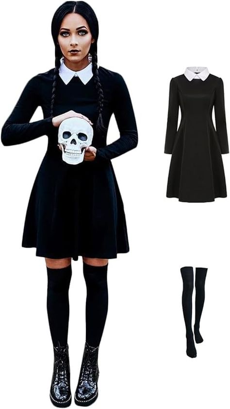 Costume Dress Women Adult Halloween Costume with Stockings Family Cosplay Peter Pan. AS AN AMAZON ASSOCIATE I EARN COMMISIONS FROM QUALIFIED PURCHASES AT NO EXTRA COST TO YOU. #WEDNESDAYADDAMS #HALLOWEEN #HALLOWEENCOSTUMEIDEAS #SPOOKYSEASON Adult Wednesday Addams Costume, Wednesday Costume, Wednesday Addams Costume, Family Cosplay, Addams Family Costumes, Long Sleeve Black Dress, Sleeve Black Dress, Couples Halloween Outfits, Peter Pan Collar Dress