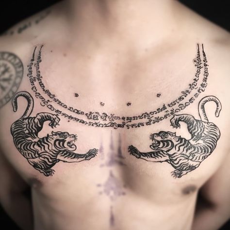 All Day Tattoo on Instagram: “Dope sak yant chest piece by the homie Jong #alldaytattoobkk #allday #bangkok #bkk #bangkoktattoo #thailand #thailandtattoo #tattoo…” Thai Tattoo Meaning, Thai Tattoos, Traditional Thai Tattoo, Khmer Tattoo, Thigh Tat, Thailand Tattoo, Bamboo Tattoo, Ancient Tattoo, Buddha Tattoos