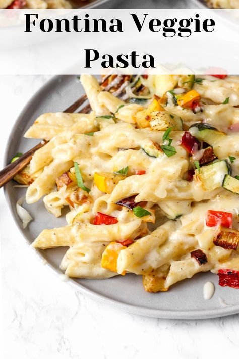 A creamy Fontina cheese sauce pasta loaded with roasted veggies! Roast your favorite veggies, like squash, zucchini, and red peppers. Then, add to this creamy Fontina sauce and serve over penne pasta. A great way to sneak more vegetables into your day. And a Fontina cheese sauce is subtle but delicious! Fontina Cheese Recipes Pasta, Recipes Using Fontina Cheese, Fontina Cheese Sauce, Recipes With Fontina Cheese, Pasta Recipes With Cream Cheese, Fontina Cheese Recipes, Creamy Veggie Pasta, Easy Vegetable Pasta, Recipes With Cream Cheese