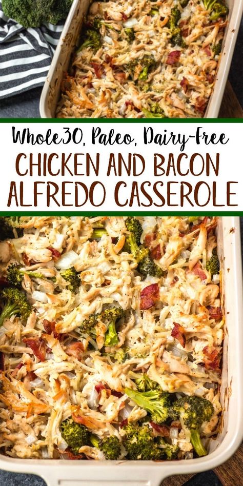 This creamy chicken and bacon alfredo casserole is loaded with veggies from the hash browns and broccoli, and it's paleo, Whole30 compliant, dairy free and gluten free. With only 7 ingredients, it really couldn't be easier to make for a quick weeknight meal or for a simple meal prep recipe. #whole30casserole #whole30chickenrecipes #whole30chickencasserole #paleocasserole #paleochickenrecipes #dairyfreecasserole Creamy Chicken And Bacon, Whole 30 Chicken Recipes, Paleo Casserole, Bacon Alfredo, Chicken Bacon Alfredo, Alfredo Casserole, Dairy Free Recipes Dinner, Chicken And Bacon, Paleo Chicken Recipes