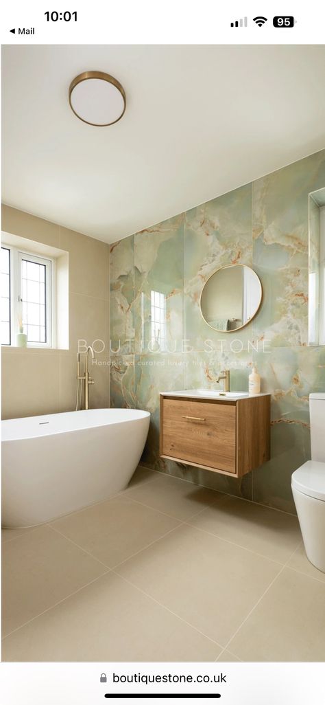 Onyx Tile Bathroom, Onyx Bathroom, Sage Green And Gold, Onyx Tile, Bathroom Sink Design, Gold Tile, Bathroom Ensuite, Limestone Flooring, Large Format Tile