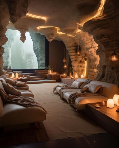 Cave Themed Room, House Built Into Mountain, Cave Interior Design, Room Tattoos, Home Decor Mid Century Modern, Relaxing Spaces, Home Decor Mid Century, Futuristic House, Modern Home Interior