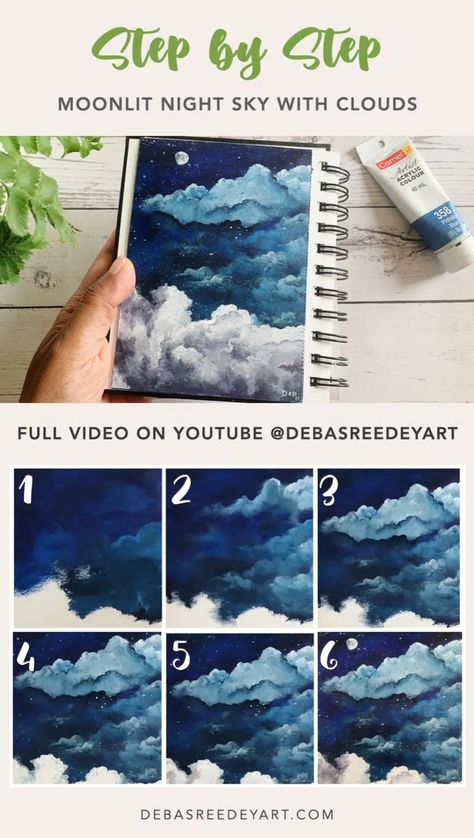 Moonlit night sky with clouds - acrylic painting in Sketchbook - Debasree Dey Art Painting In Sketchbook, Night Sky With Clouds, Night Clouds, Sky With Clouds, Flower Drawing Tutorials, Moonlit Night, Acrylic Painting Tutorials, Cloud Painting, Nature Art Painting