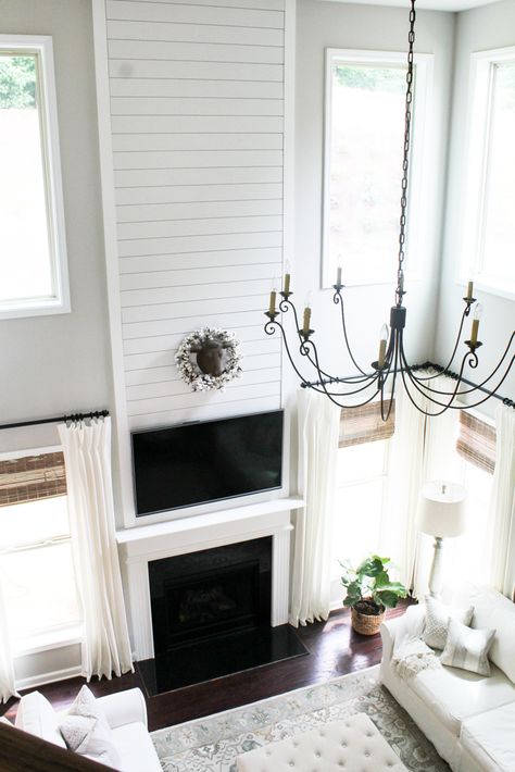 Shiplap Tall Fireplace, Shiplap Fireplace Ideas, Shiplap Tutorial, Diy Shiplap Fireplace, Farmhouse Shiplap, Shadow Gap, Tall Fireplace, Fireplace Cover, Wooden Fireplace