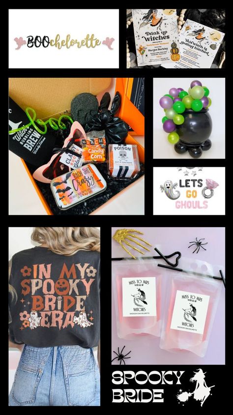 A collection of Halloween-themed bachelorette party products for a 'Boochelorette,' featuring decorations, games, and attire to create a spooktacular and memorable celebration. Witch Themed Bachelorette Party, Witch Bachelorette Party, Spooky Bride, Halloween Bachelorette Party, Ghoul Gang, Ultimate Bachelorette Party, Themed Bachelorette, Glitzy Glam, The Ghoul