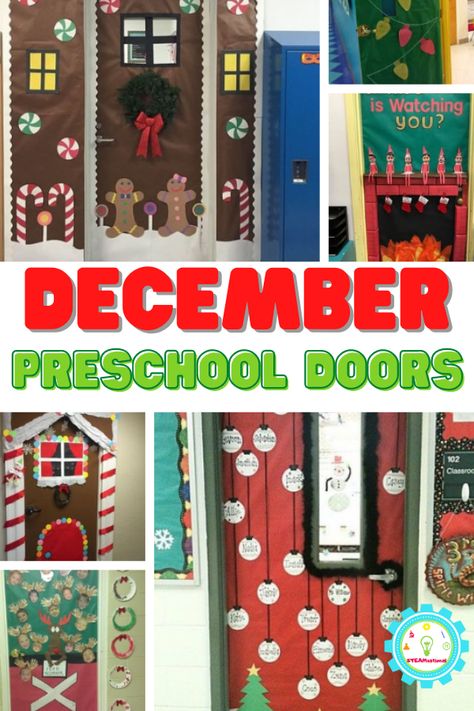 Winter Theme Doors For Preschool, Christmas Door Decorating Preschool, Kindergarten Holiday Door Decorations, Door Decorations Classroom Christmas Fun, Preschool Classroom Christmas Door Ideas, Preschool Door Winter Theme, Simple Door Christmas Decorations, Santa Claus Is Coming To Town Door Decorations, Christmas Classroom Door Easy