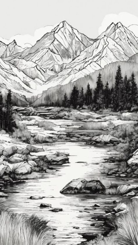 Detailed Black And White Drawings, Mountain Sketches, Mountain Range Drawing, Scenery Sketch, Mountain Landscape Drawing, Landscape Drawing Tutorial, Forest Sketch, Black And White Clip Art, Alaska Wilderness