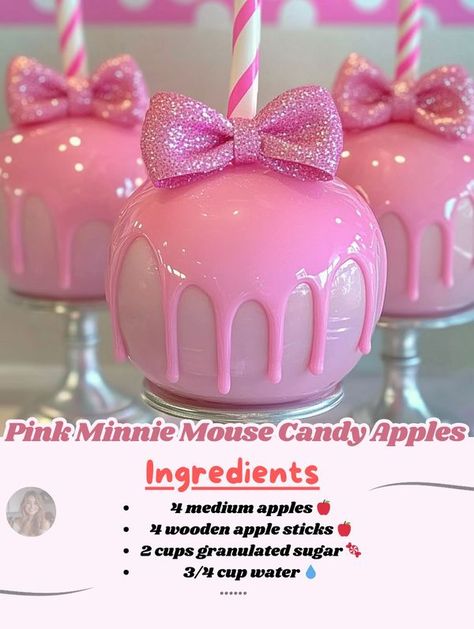 Minnie Mouse Apples, Rose Candy Apple, Minnie Mouse Candy Table, Dessert Booth, Colored Candy Apples, Pink Candy Apples, Apple Sticks, Dipped Fruit, Candy Apple Recipe