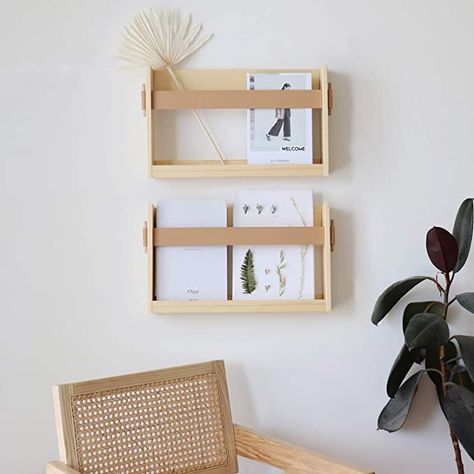 Wood Magazine Rack, Magazine Rack Wall, Leather Strap Shelves, Wall File Holder, Magazine File Holders, Magazine Wall, Wand Organizer, Entryway Office, File Organizer