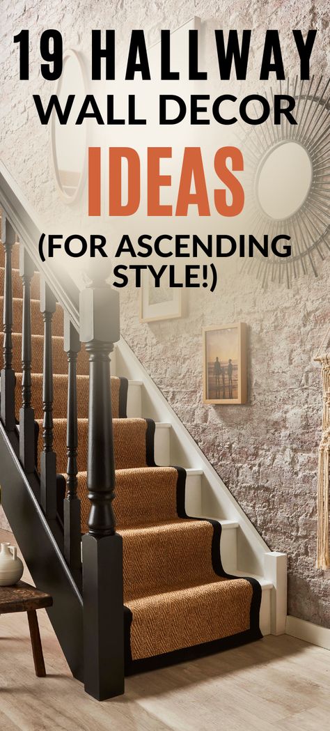 19 hallway wall decor ideas for ascending style, wooden flooring with black bannister and cream carpet stair runner with black border, the wall decor featuring a series of frames and round mirrors on ascending on the stairs. Wall Design For Staircase, Idea For Stairs Wall, Basement Stairs Decorating Ideas, Wall Decor Stairs Stairways, Ideas For Upstairs Landing Area, Big Stairway Wall Decor Ideas, Big Wall Stair Decor Ideas, Tall Entryway Wall Decor Ideas, Wall On Stairs Ideas