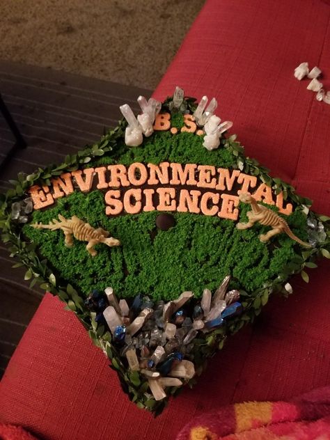 Environmental Science!! College, graduation, cap and gown. Dinosaurs, moss, rocks and crystals Moss Graduation Cap, Geology Graduation Cap, Graduation Cap Designs Nature, Environmental Science Graduation Cap, Dinosaur Graduation Cap, Biology Graduation Cap, Graduation Cap College, Science Graduation Cap, Green Graduation Cap