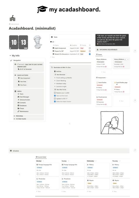 #Minimalist_Notion #Student_Notion #Notion_Dashboard #Second_Brain Minimalist Notion, Meal Prep Planner, Student Dashboard, Grade Tracker, Second Brain, Notion Dashboard, Job Applications, Calendar Notes, Goals Template