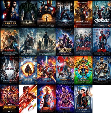 Updated collage of all MCU posters Sci Fi Superhero, Apocalypse Movies, All Marvel Movies, Marvel Movie Posters, Film Collection, Avengers Poster, Avengers Wallpaper, Arte Dc Comics, Marvel Posters