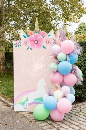 Unicorn Party Balloons, First Birthday Balloons, Themed 1st Birthday, Unicorn Themed Birthday Party, Pastel Balloons, Floral Event Design, Unicorn Theme, 1st Birthday Party, Themed Birthday Party