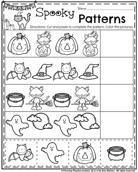 Preschool Pattern Worksheets for October. Halloween Worksheets Preschool, Preschool Pattern Worksheets, Halloween Worksheets Free, Halloween Math Worksheets, Halloween Activities Preschool, Preschool Patterns, Halloween Kindergarten, October Activities, Halloween Worksheets