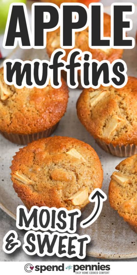 These apple muffins are packed with all the great flavors and aromas of the season. These muffins are warm and sweet with a hint of spiciness from the addition of apple pie spice. Small pieces of apple give these a fruity and fresh flair, which combines perfectly with the buttery richness of the muffin. A final touch of lemon gives them a slight lemony zing that will tip them over the edge into the irresistable. #spendwithpennies Easy Apple Muffins With Fresh Apples, Muffins With Apples, Healthy Muffins Recipes Easy, Apple Raisin Muffins, Apple Muffins Easy, Apple Muffin, Apple Muffins With Fresh Apples, Muffins Recipes Easy, Apple Butter Muffins