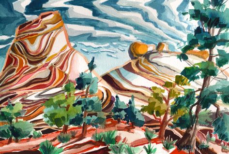 Plein Aire watercolor. Burr Trail in Boulder, Utah. Artist: Kimberly Harris Boulder Utah, Wall Gallery, Artsy Fartsy, Abstract Landscape, House Painting, Painting Inspiration, Bouldering, Landscape Paintings, Utah