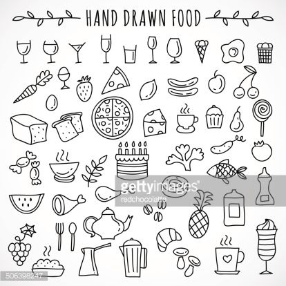 Vector Art : Hand drawn set of food icons Food Doodles Hand Drawn, Drawing Journal Ideas, Style Handwriting, Drawn Food, Sketch Note, Food Doodles, Hand Drawn Icons, Drawing Journal, Doodle Icon