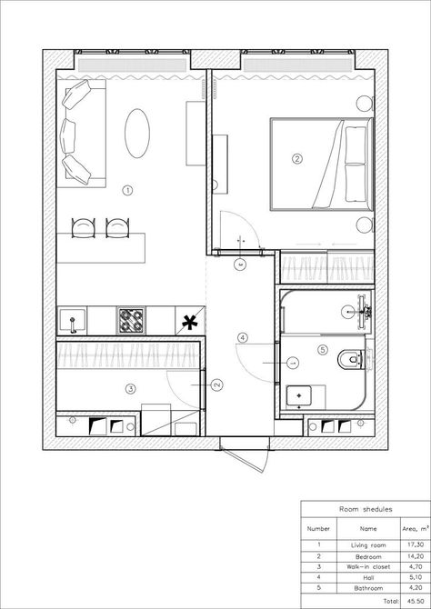 Vladimir Afanasev created the interior of a small Moscow apartment for rent. Forty-five square meters managed to accommodate a bedroom, a kitchen-living room, a bathroom and a dressing room-laundry room. #architecture #house #fashion #decor #diy #homedecor #amazingarchitecture #interiordesign #contemporaryhome #modern #residence #designer Small Apartment Plan, 30 Square Metre Apartment, 65 Sqm Apartment Plan, 80 Sqm Apartment Design, 75m2 Apartment Plan, 1 Bhk Apartment Floor Plan, Small Apartment Plans, Studio Apartment Floor Plans, Flat Plan